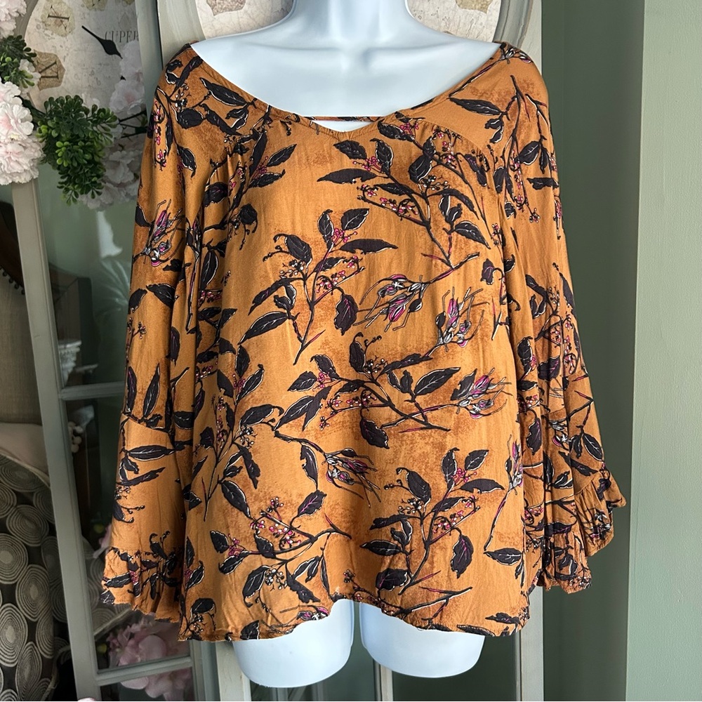 Women’s SUPPLIES Caramel Brown Floral Ruffled Bell Sleeve Top Shirt Blouse Sz L